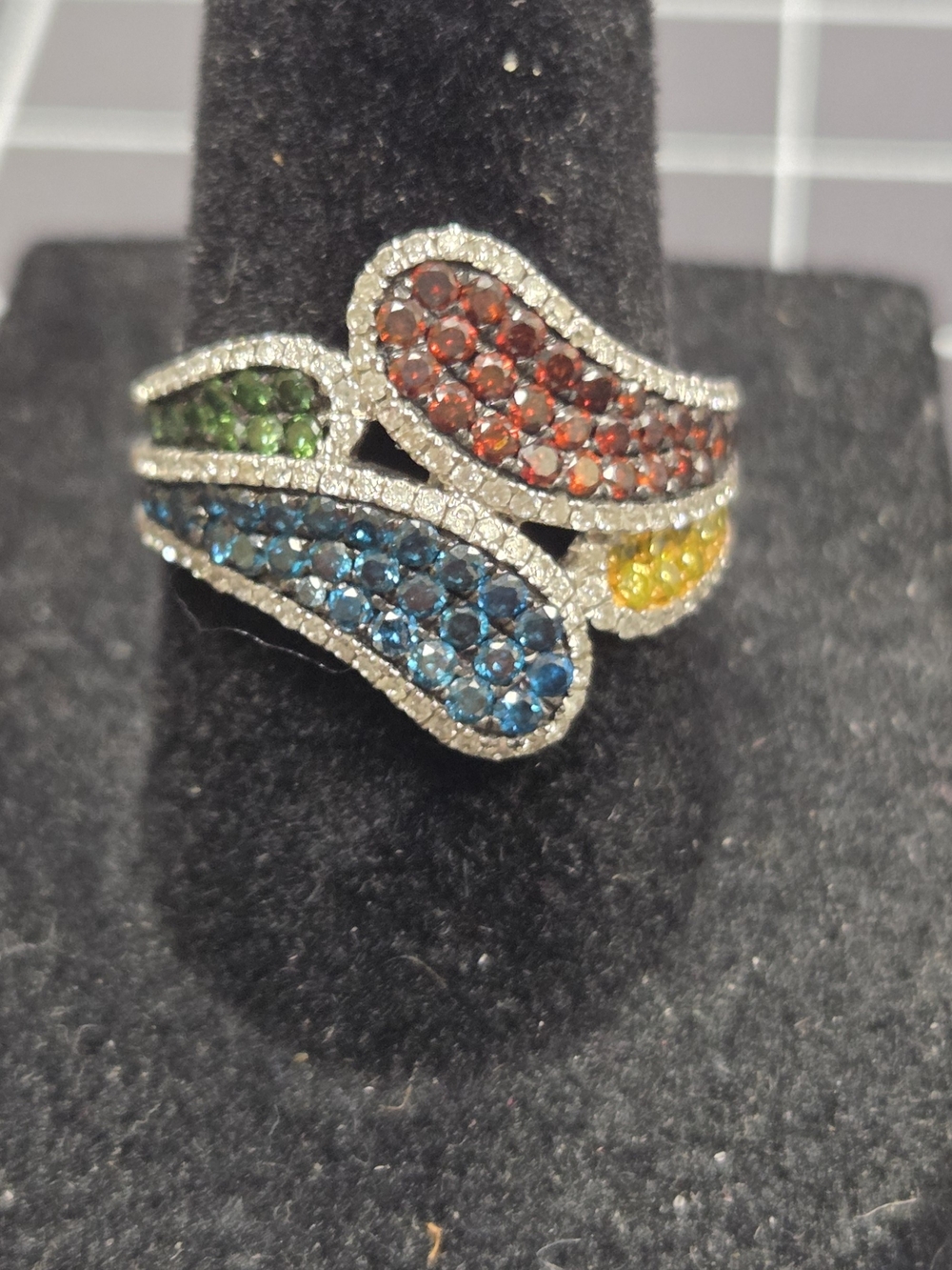 ASH 14K White Gold Multi Color Diamond Ring Red Blue Green Yellow Size 7